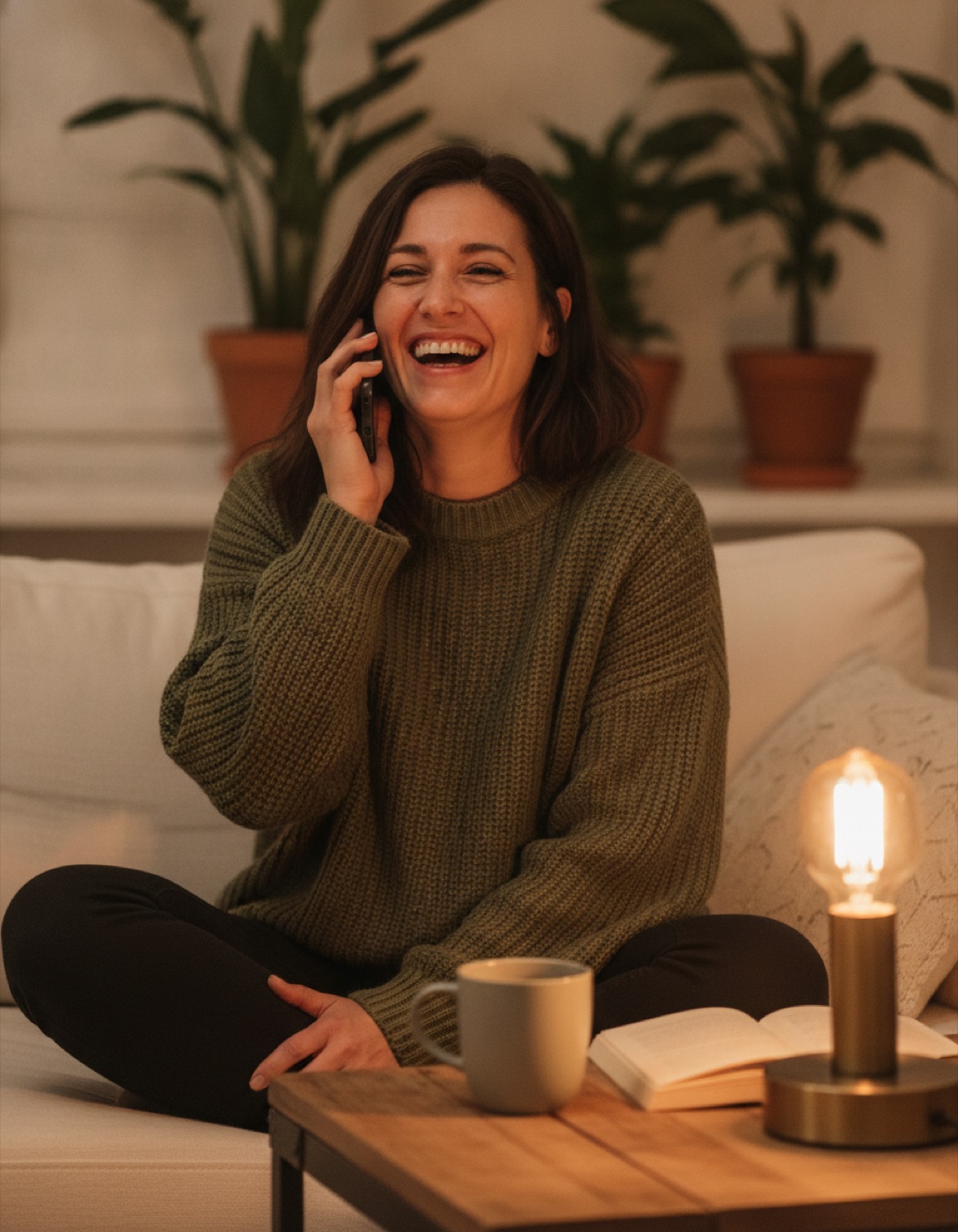A woman in her thirties laughing warmly on the phone in her living room, evening light