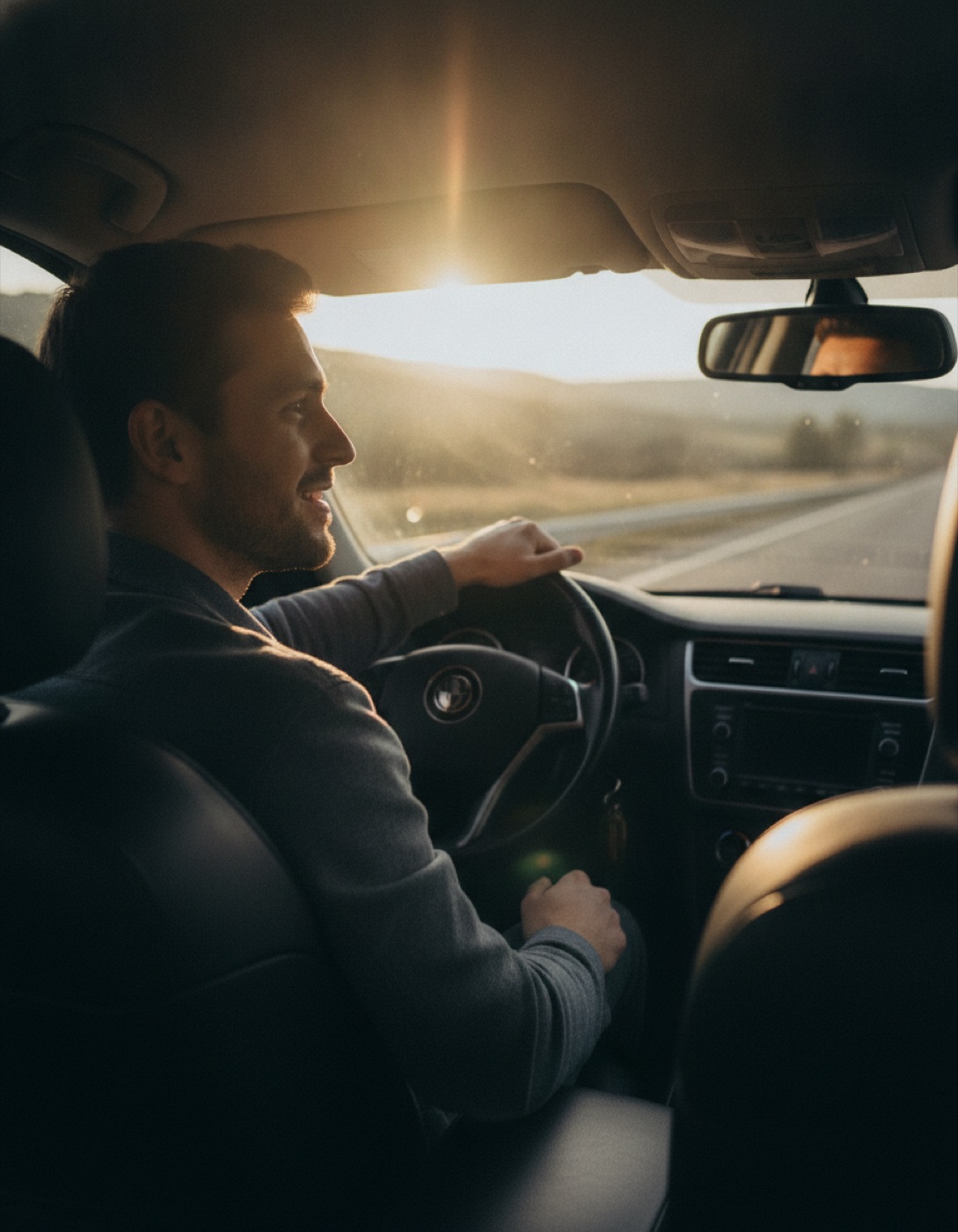 A man in his late twenties driving alone at golden hour, talking through his car's speakerphone